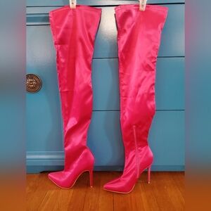 Hot Pink Silk Tall Long High Heel Stiletto Boots Size 10